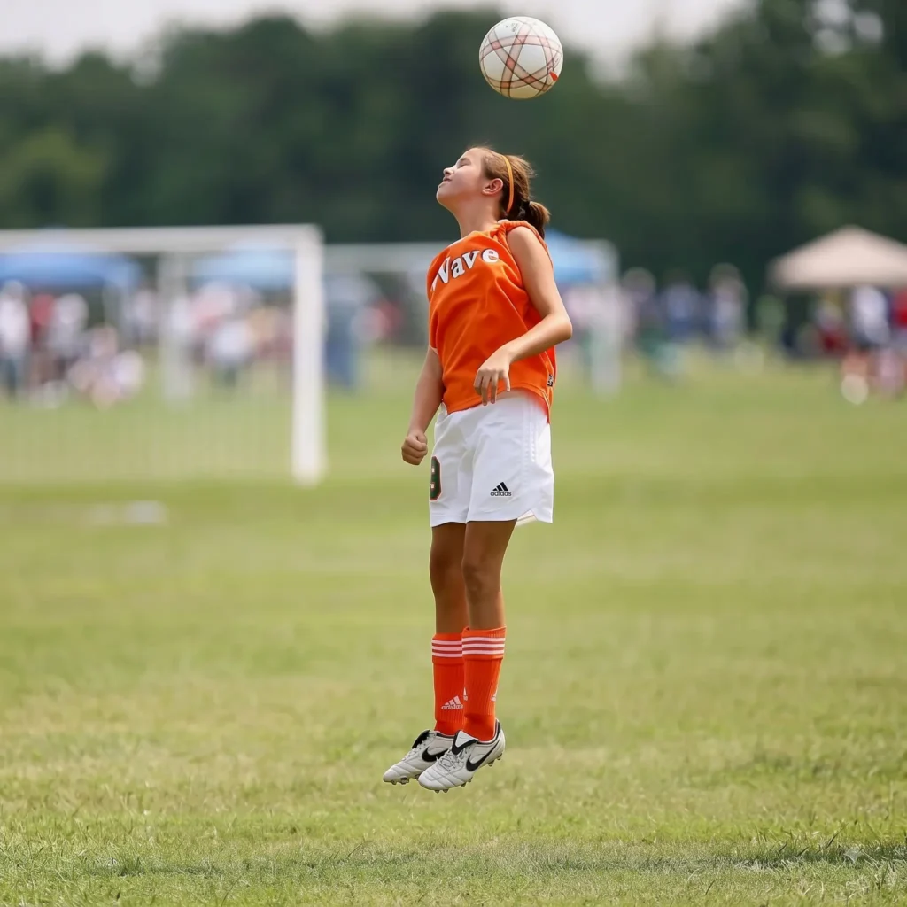 A young girl jumps to head a soccer ball during a game on a grassy field.